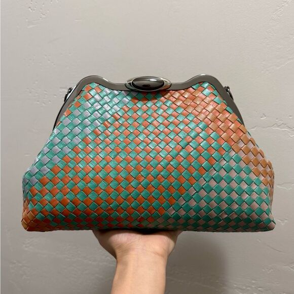 Colorblock Woven Cowhide Handmade Custom Metal Frame Handbag, Multi Use Style - Picture 5 of 16